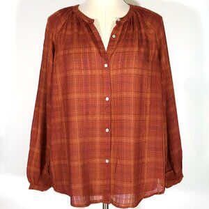 NWT Universal Thread Spice Browns & Reds Plaid Long Slv Semi-Sheer Blouse Sz XL